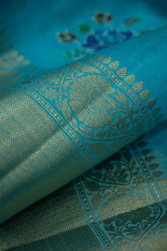 Banarasi Chynia Silk Golden Zari Blue Saree