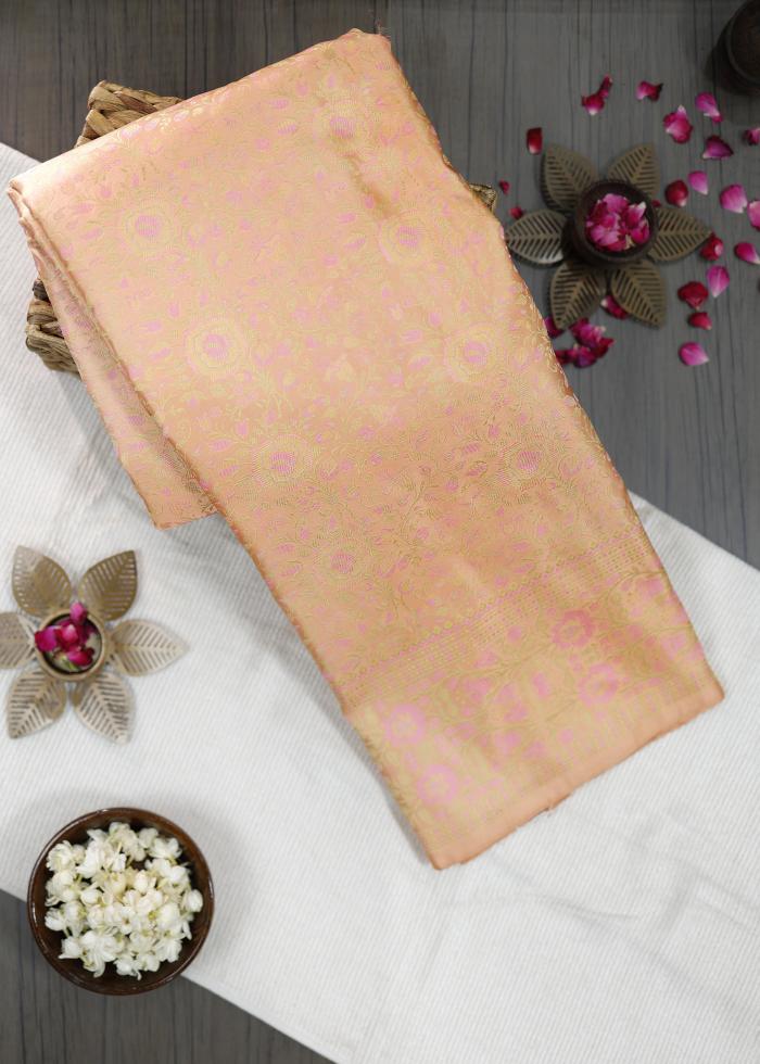 Pure Banarasi Peach Katan Tanchui Silk Saree