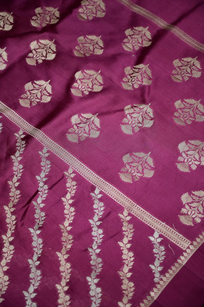 Wine Colored Raw Mango Dupion Banarasi Saree