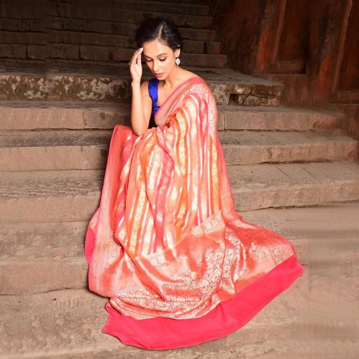 Pure Banarasi Khaddi Georgette Copper Pink Saree