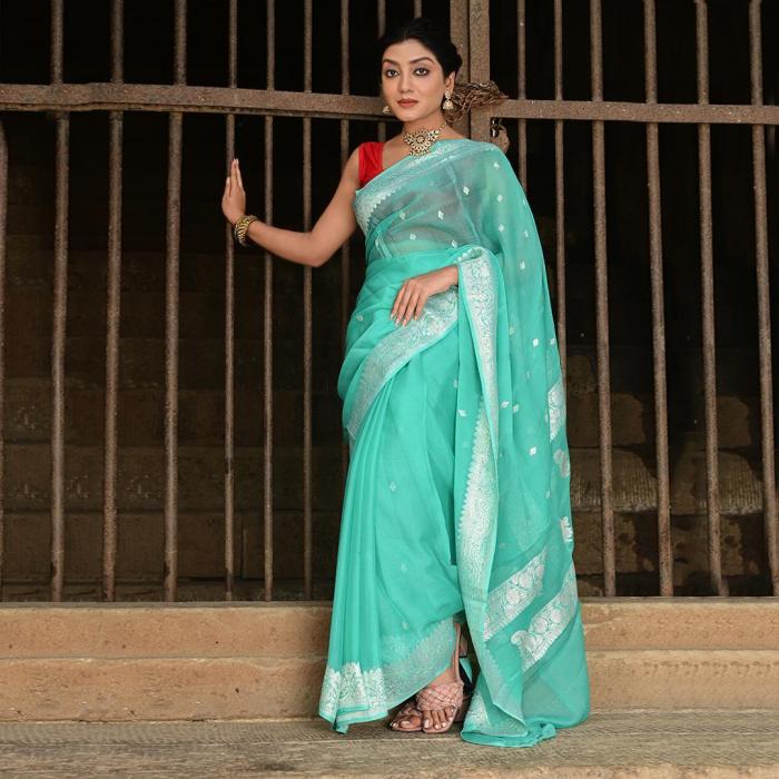 Pure Banarasi Khaddi Georgette Silver Zari Saree