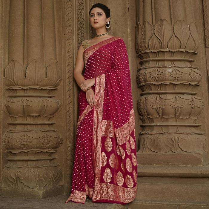 Pure Banarasi Khaddi Georgette Maroon Rani Saree