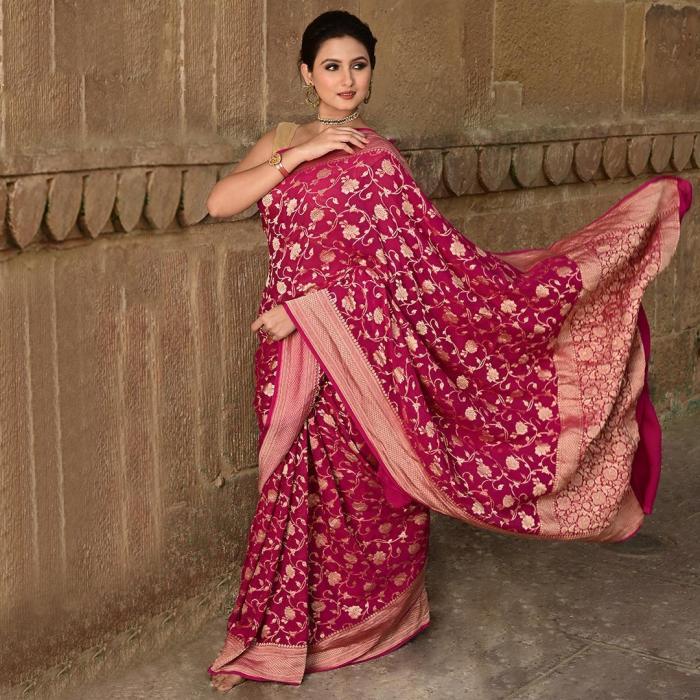 Pure Banarasi Khaddi Georgette Magenta Silk Saree