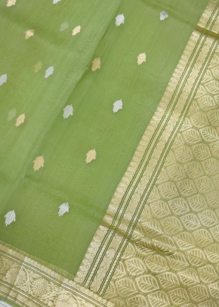 Pure Banarasi Handwoven Pista Green Kora Silk Saree