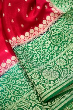 khaddi crape rani and green contrast matching Banarasi saree