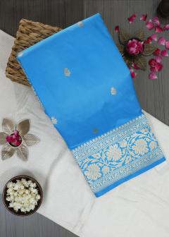 Pure Banarasi Katan Kadhwa Firozi Blue Saree